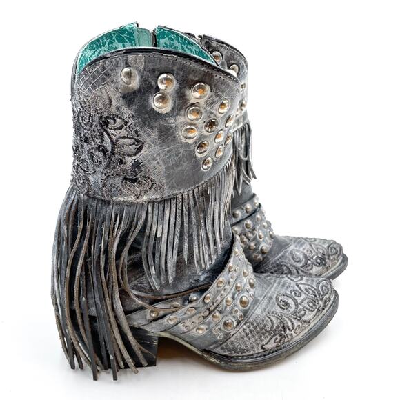 Corral‎ Embroidery Studded Fringe Boots Grey Leather Ankle Western Sz 6.5 Z0103 - Picture 2 of 10